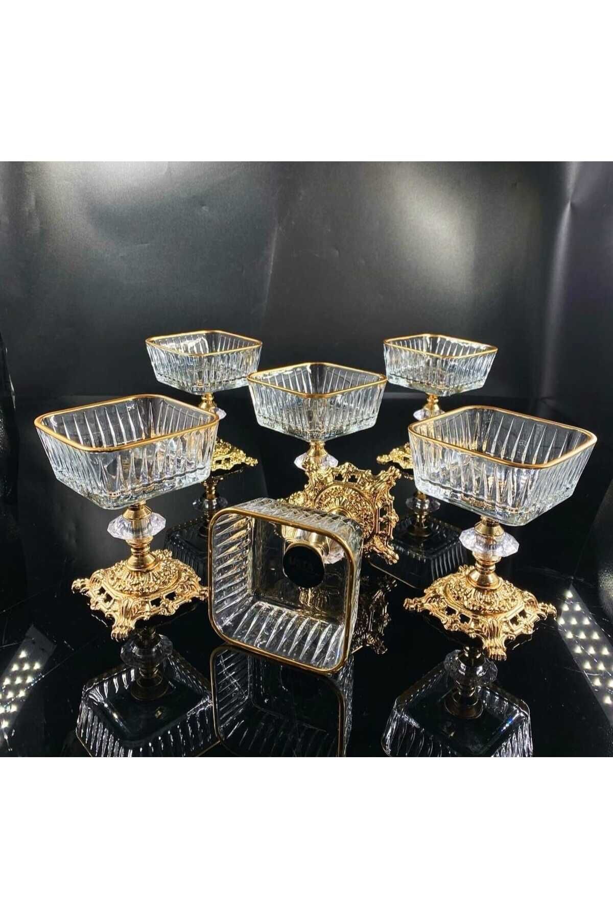 6 Adet Metal Ayaklı Gümüş Detaylı Vira Magnolia-kase-dondurmalık-şekerlik Frezya