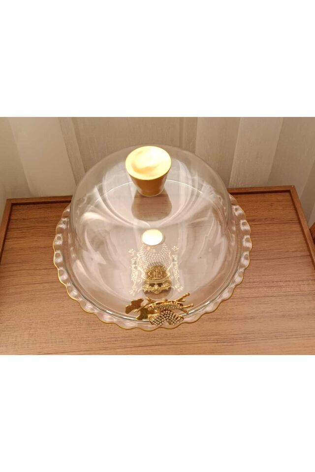 Gold Metal Ayaklı Cam Kapaklı Kek - Pasta Stantı Fanus Taşlı