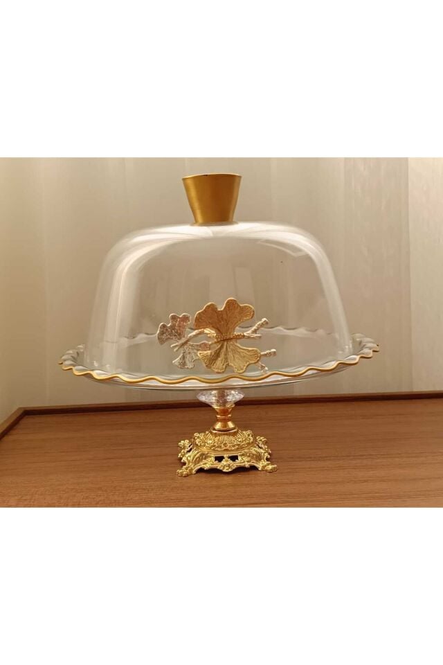 Gold Metal Ayaklı Cam Kapaklı Kek - Pasta Stantı Fanus Kelebekli