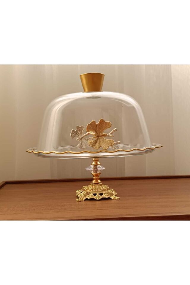 Gold Metal Ayaklı Cam Kapaklı Kek - Pasta Stantı Fanus Kelebekli