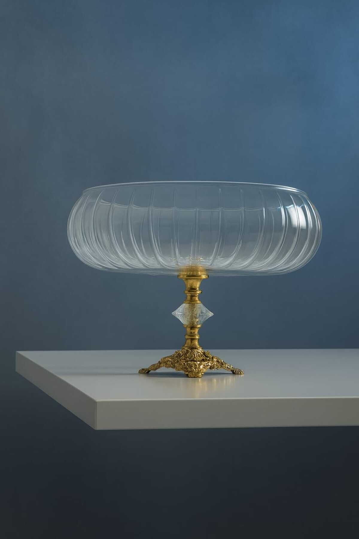 Lotus Kristal 24 Cm Kesme Dekor Metal Ayaklı Salata Kasesi Cam Sunumluk- Servis Tabağı Gold