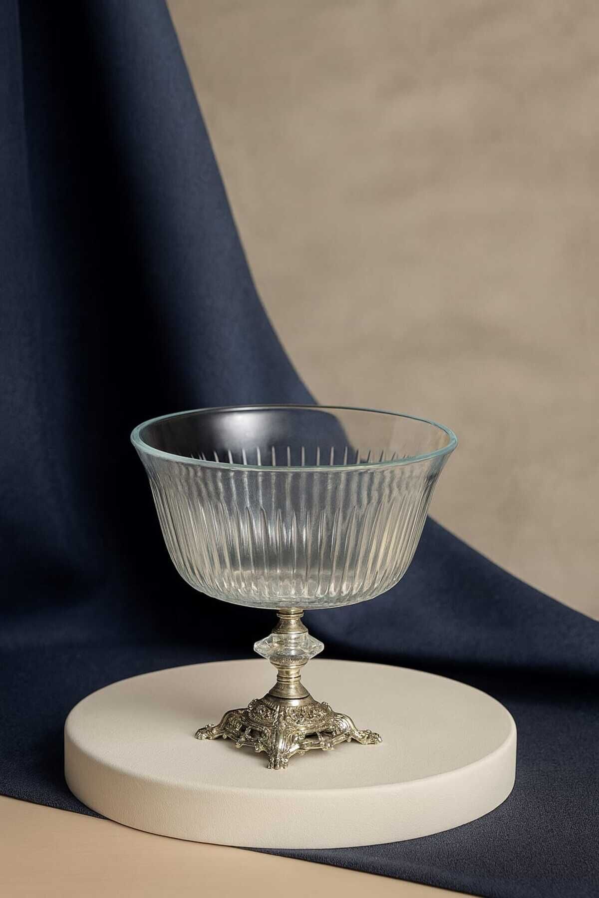 Metal Ayaklı Gümüş Detaylı Büyük Boy Kase- Sunum - Servis - Salata Kasesi Gümüş