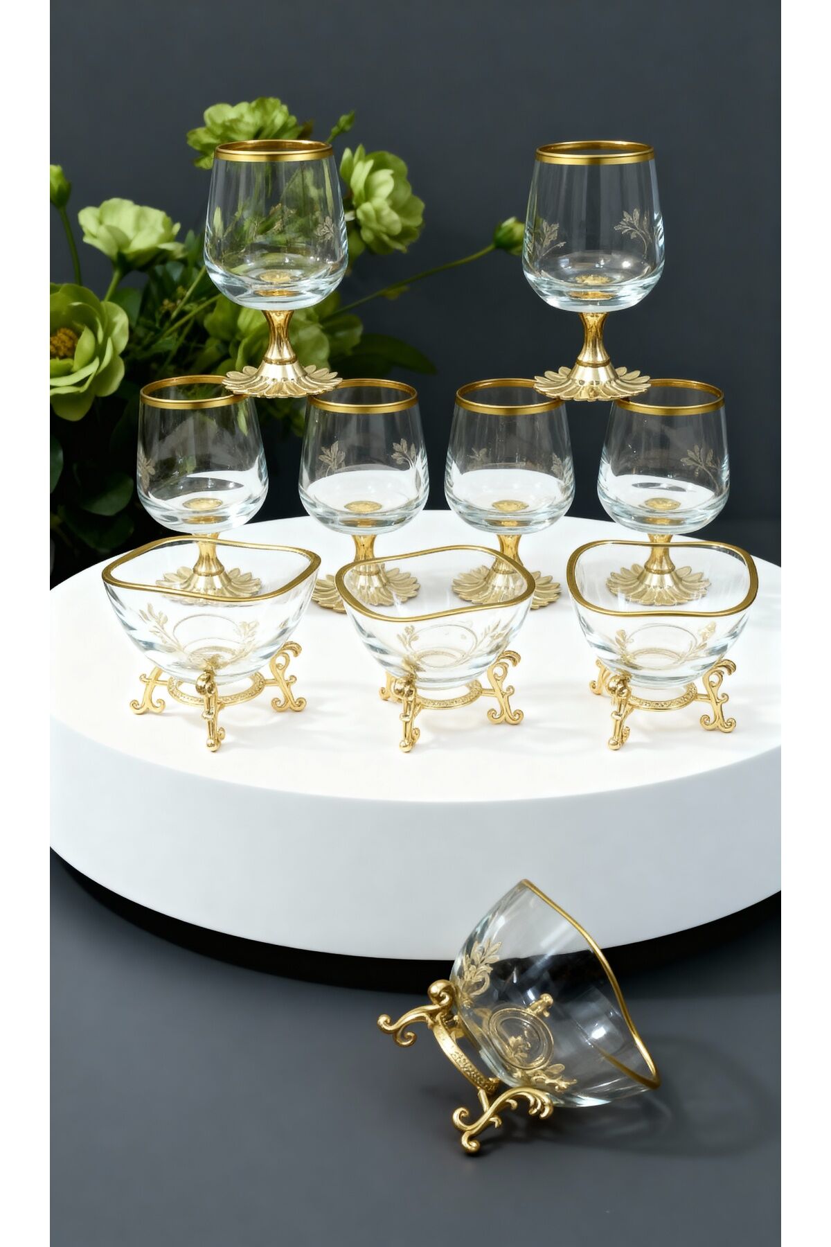 12 Parça Renkli Kahve Yanı 6 lı Su Bardağı ve 6 lı Lokumluk - Şekerlik Goldtüp