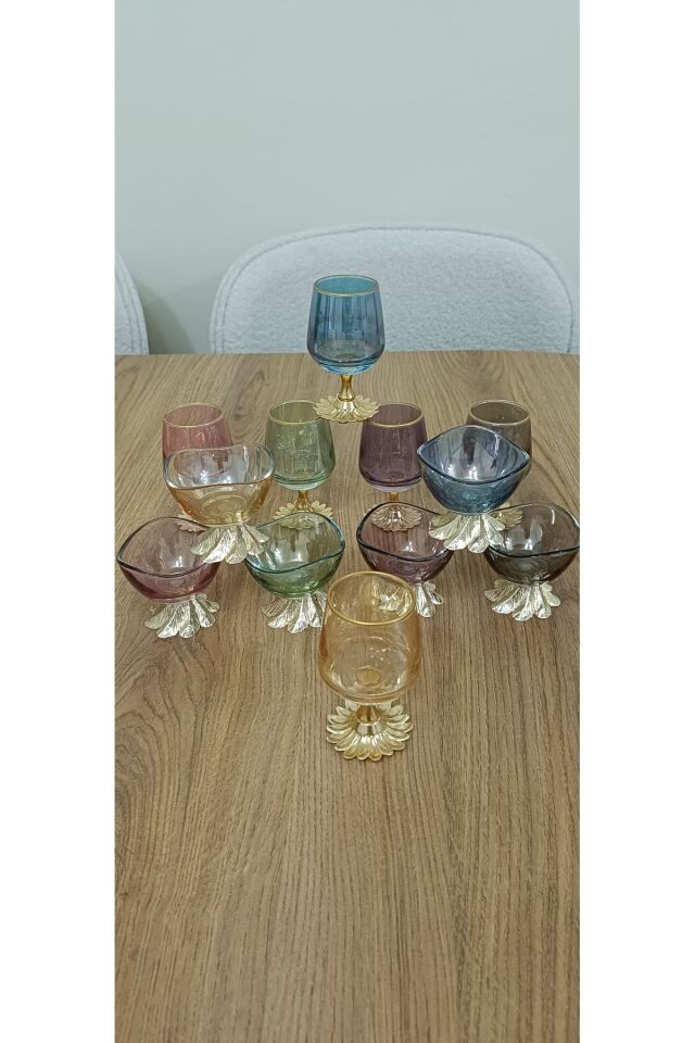 12 Parça Renkli Kahve Yanı 6 lı Su Bardağı ve 6 lı Lokumluk - Şekerlik Semazen Ayak