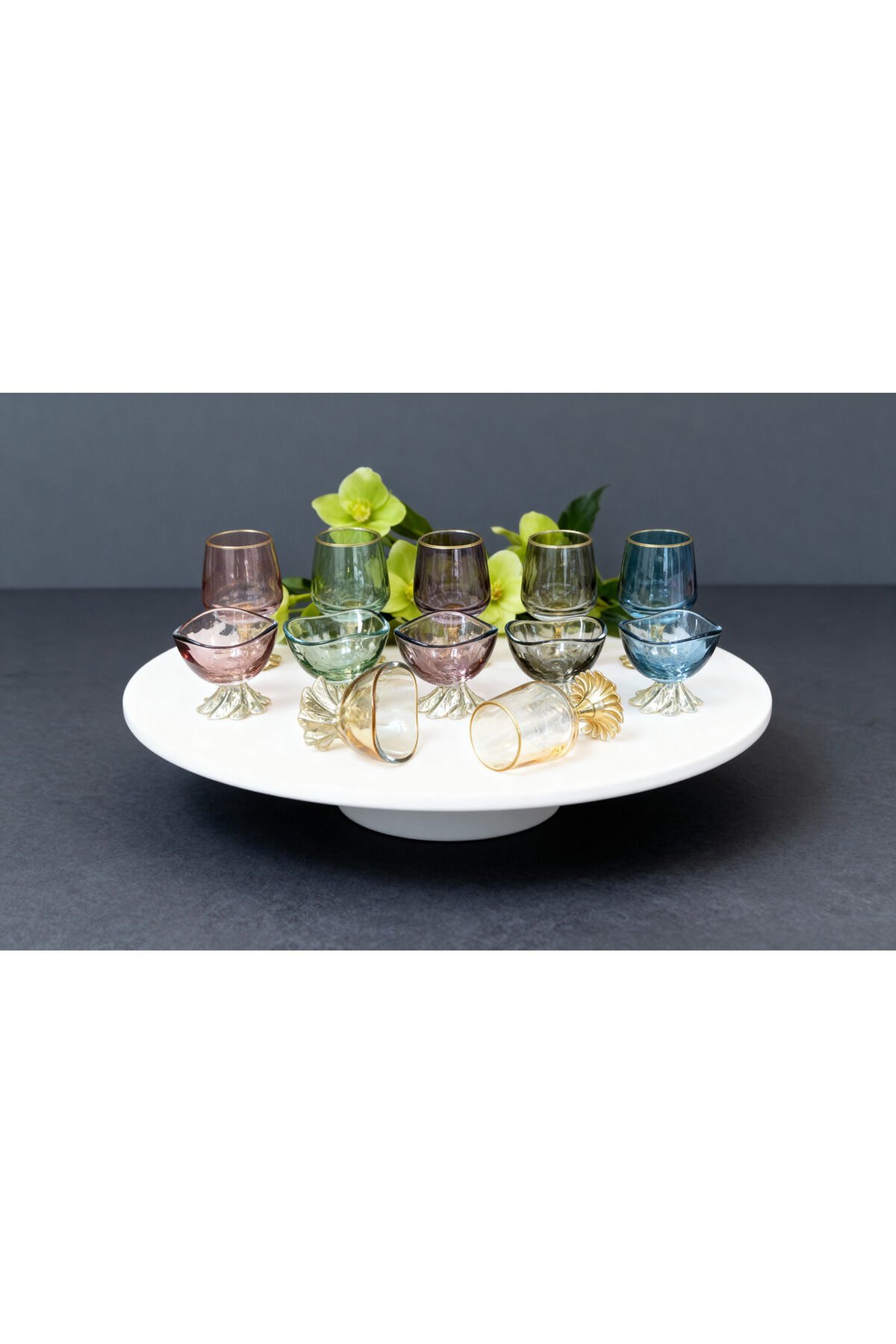 12 Parça Renkli Kahve Yanı 6 lı Su Bardağı ve 6 lı Lokumluk - Şekerlik Semazen Ayak