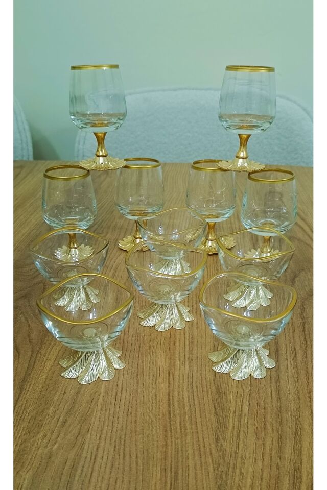 12 Parça Renkli Kahve Yanı 6 lı Su Bardağı ve 6 lı Lokumluk - Şekerlik Goldsemazen