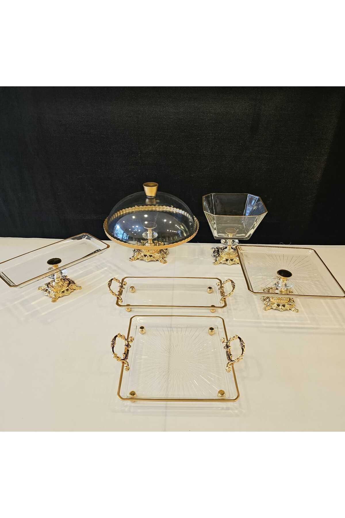 6 PARCA DÖKÜM AYAKLI  GÜMÜŞ CAM SUNUMLUK Gold