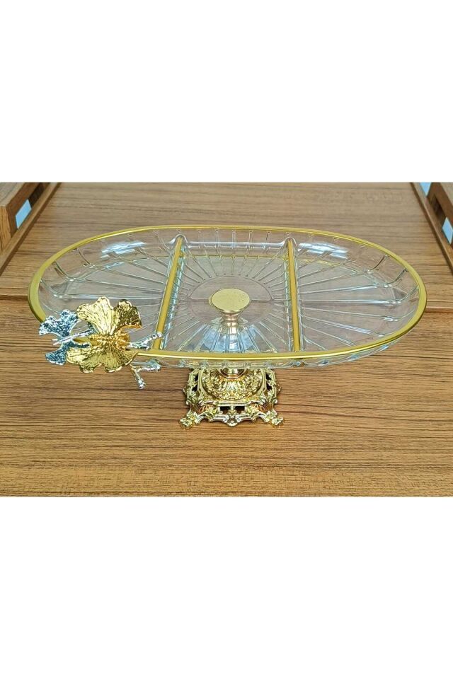 Lüx Hediyelik Metal Ayaklı Gold Oval Kelebekli Sunumluk Kurabiyelik - Yeni Serisi Oval Bölmeli Yüksek