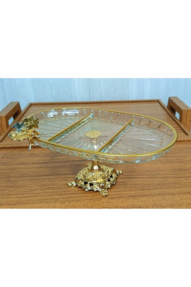 Lüx Hediyelik Metal Ayaklı Gold Oval Kelebekli Sunumluk Kurabiyelik - Yeni Serisi Oval Bölmeli Yüksek