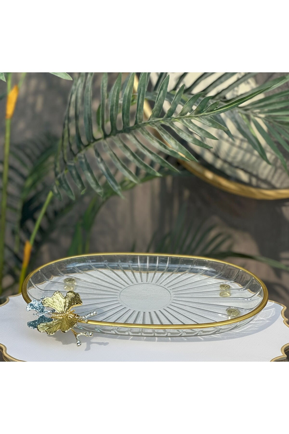 Lüx Hediyelik Metal Ayaklı Gold Oval Kelebekli Sunumluk Kurabiyelik - Yeni Serisi Oval Düz Mini