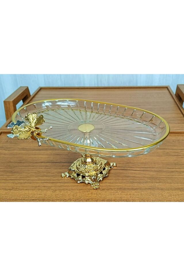 Lüx Hediyelik Metal Ayaklı Gold Oval Kelebekli Sunumluk Kurabiyelik - Yeni Serisi Oval Düz Yüksek