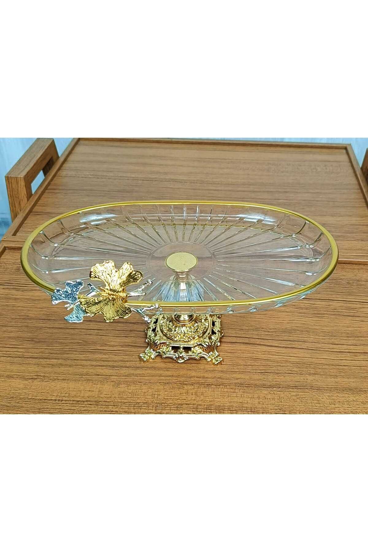 Lüx Hediyelik Metal Ayaklı Gold Oval Kelebekli Sunumluk Kurabiyelik - Yeni Serisi Oval Düz Yüksek