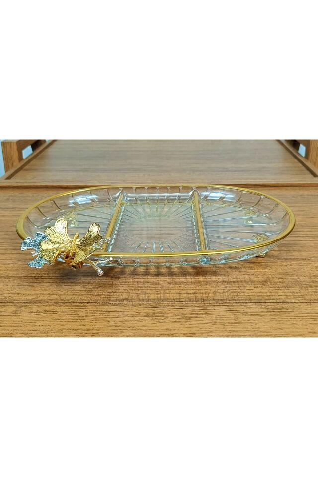 Lüx Hediyelik Metal Ayaklı Gold Oval Kelebekli Sunumluk Kurabiyelik - Yeni Serisi Oval Bölmeli Mini
