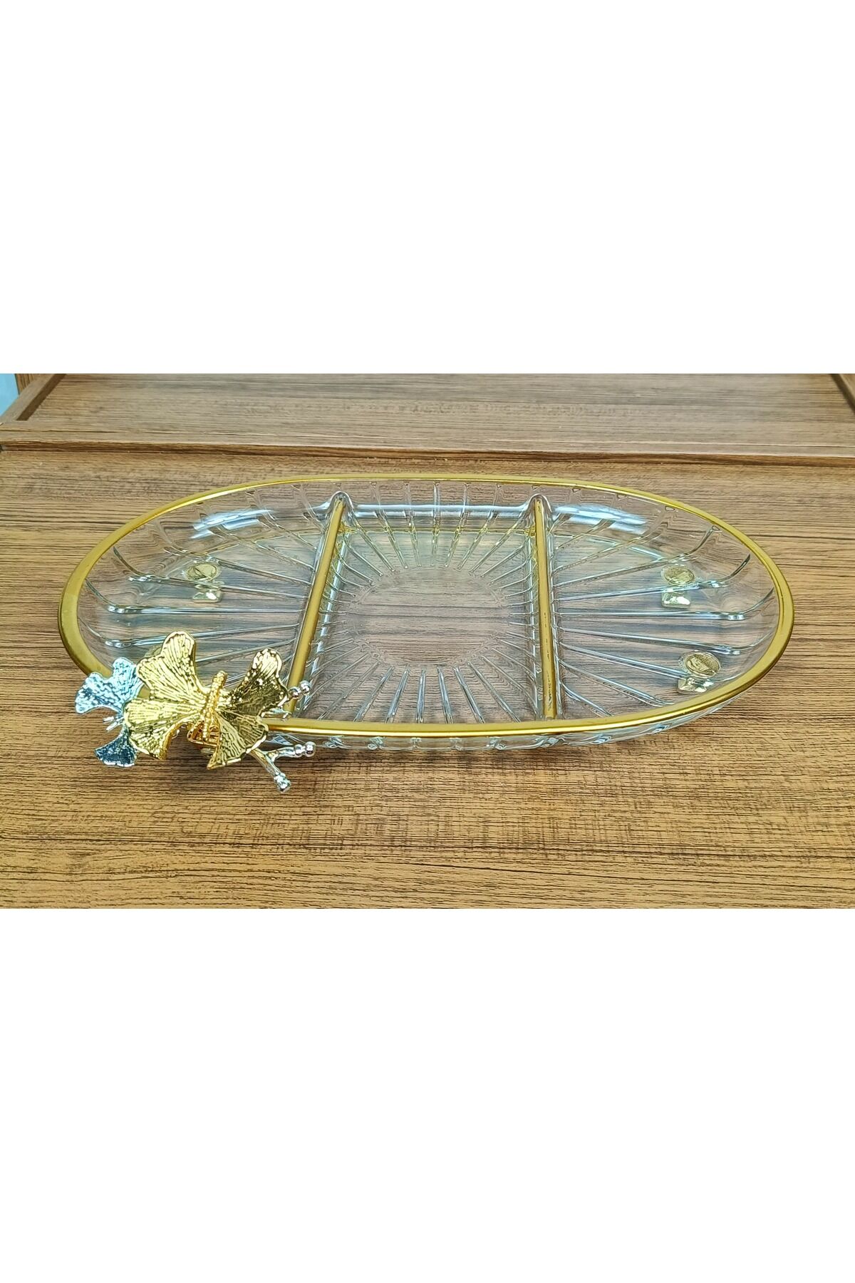 Lüx Hediyelik Metal Ayaklı Gold Oval Kelebekli Sunumluk Kurabiyelik - Yeni Serisi Oval Bölmeli Mini
