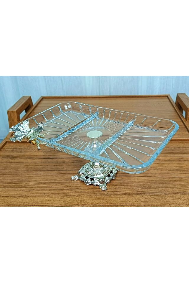 Lüx Hediyelik Metal Ayaklı Gold Oval Kelebekli Sunumluk Kurabiyelik - Yeni Serisi Gümüş Dikdörtgen Yüksek