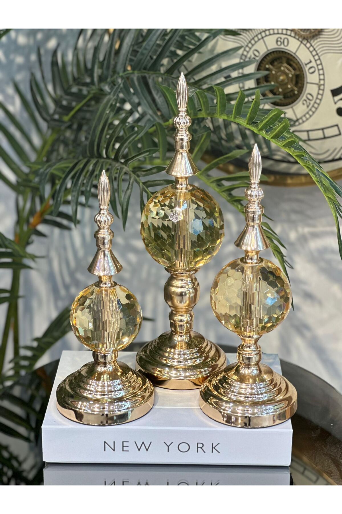 Büyük Boy Gümüş 3 Lü Dekoratif Alem Renkli Dekorlu Kristal Top Küre & Obje Aksesuar Gold