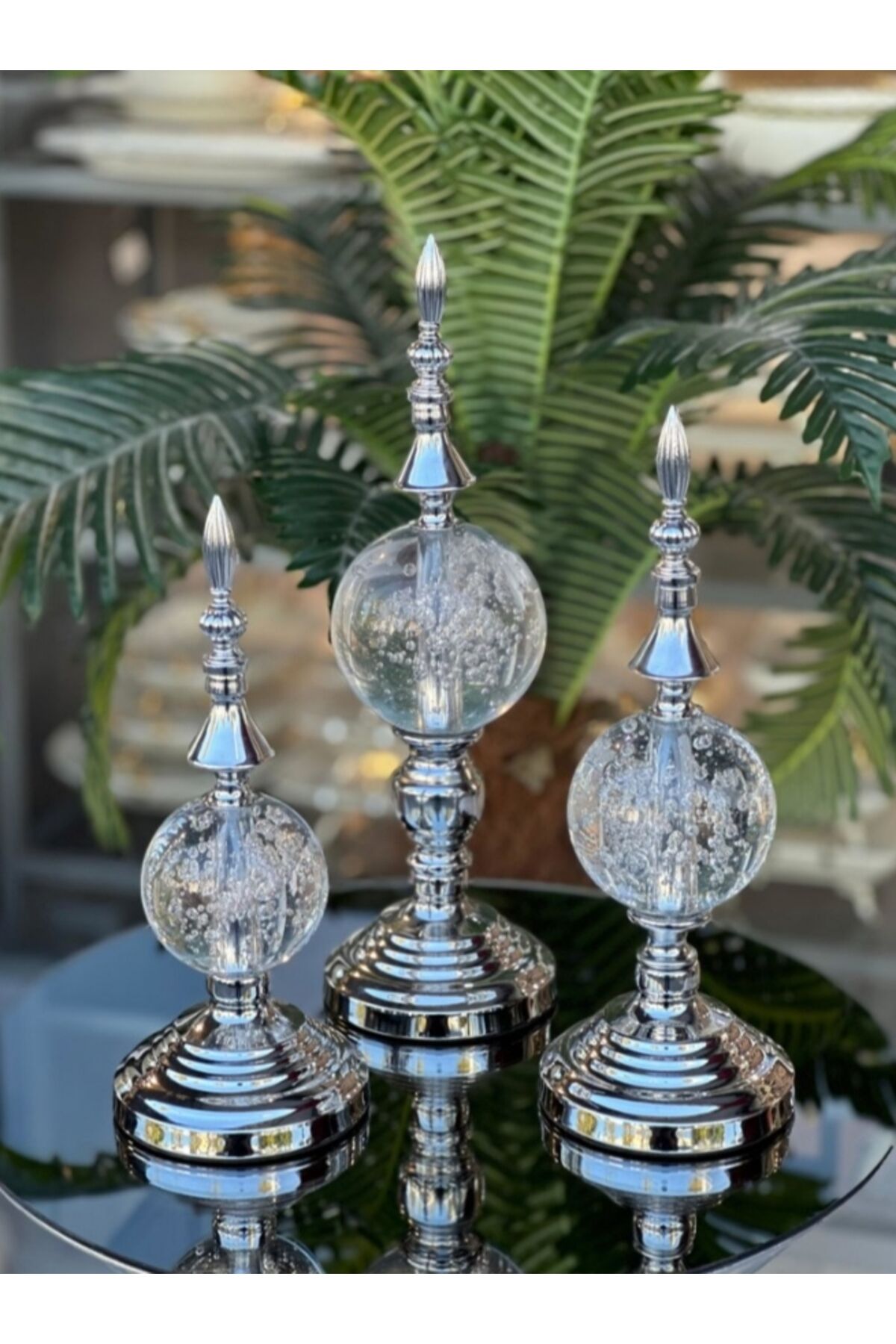 Lüks Gold Kristal Küre Alem 3’lü Dekoratif Obje Seti Gümüş