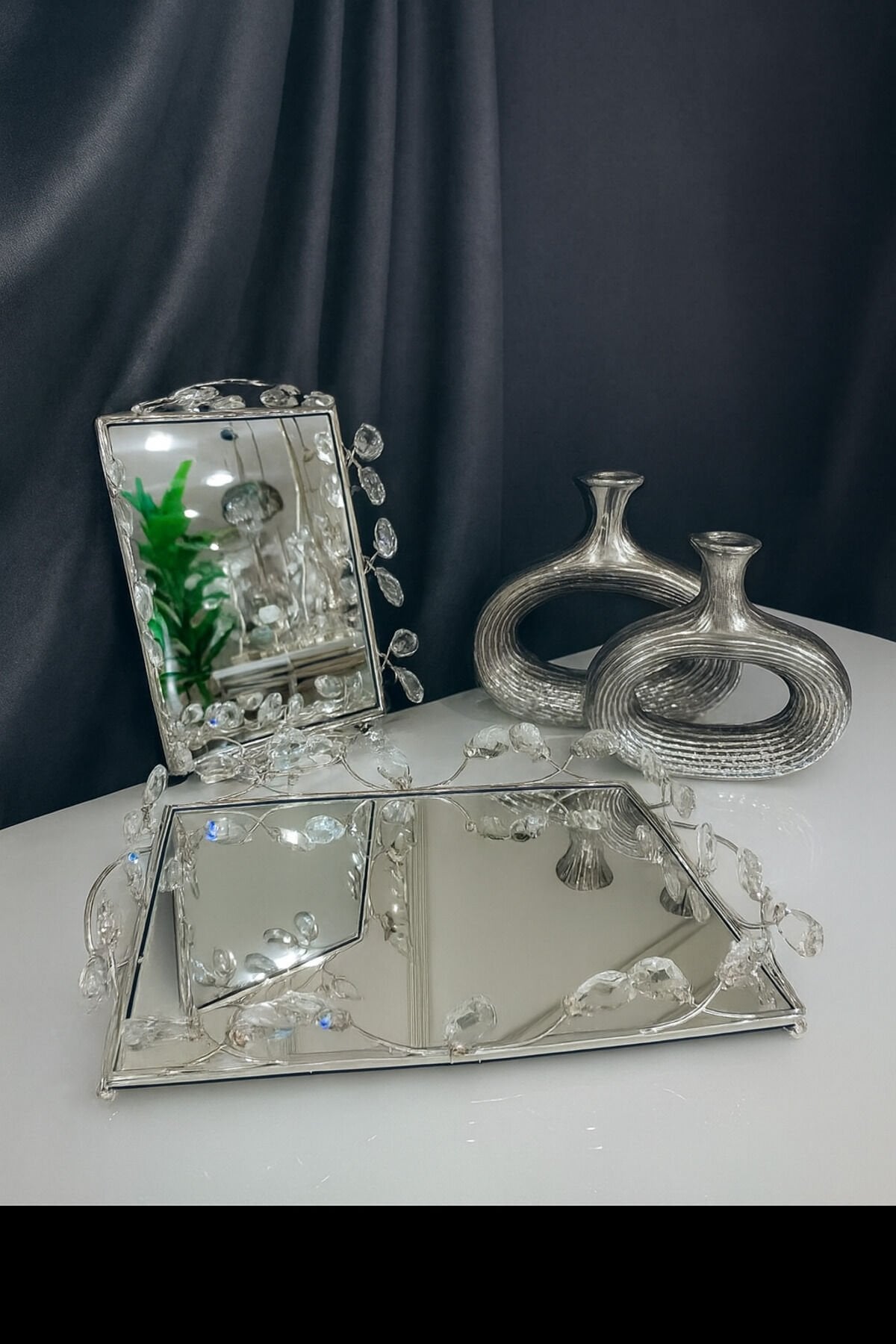 2 li Gold Renk Çok Amaçlı Aynalı Dekoratif Tepsi Söz, Nişan – Kahve Sunum & Şık Dekor Gümüş