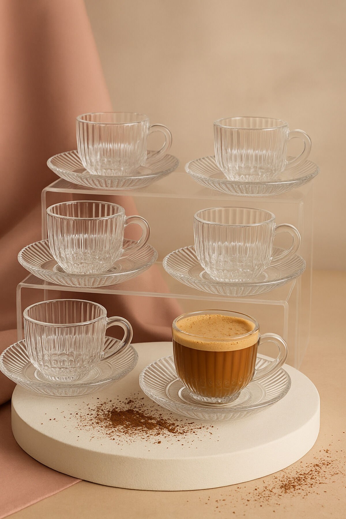 6’lı Cam Kahve Fincanı Seti – Zarif Desenli Cam Bardak ve Tabak Takımı Çizgili Şeffaf