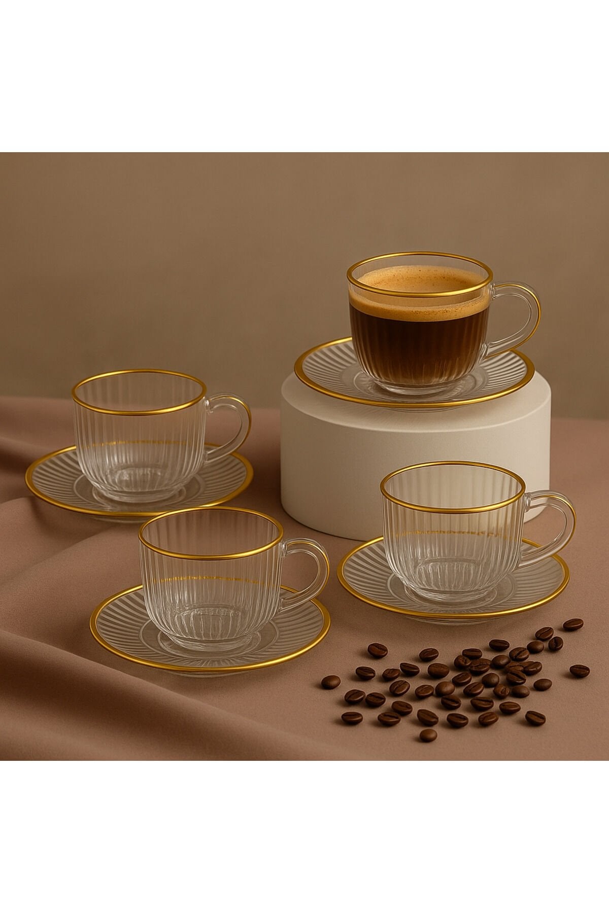6’lı Cam Kahve Fincanı Seti – Zarif Desenli Cam Bardak ve Tabak Takımı Çizgili Gold