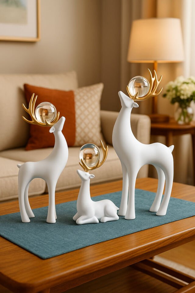 Dekoratif Beyaz Geyik Biblo 3’lü Set Gold Boynuzlu Kristal Toplu Ev Aksesuarı Beyaz
