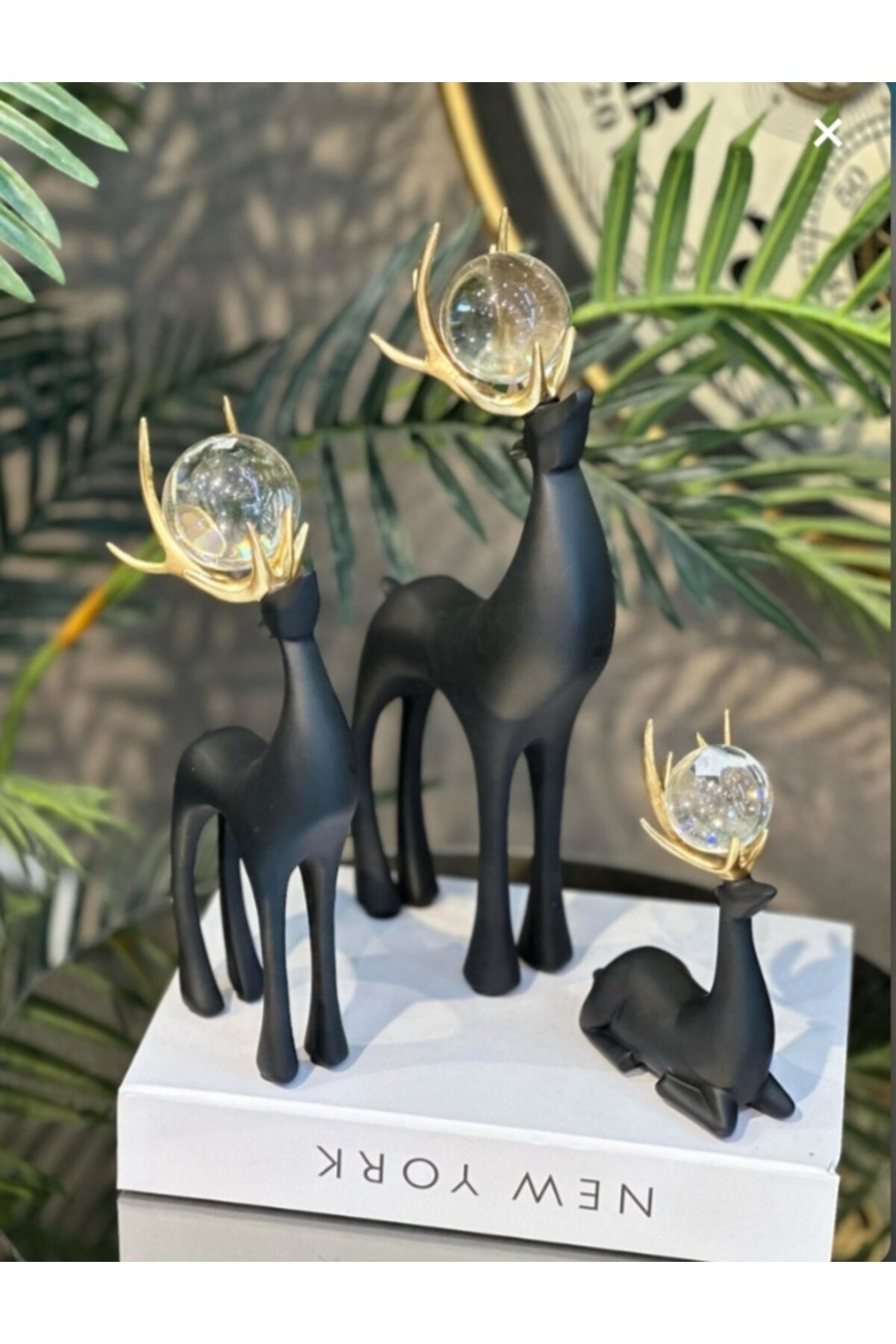 Dekoratif Beyaz Geyik Biblo 3’lü Set Gold Boynuzlu Kristal Toplu Ev Aksesuarı Siyah