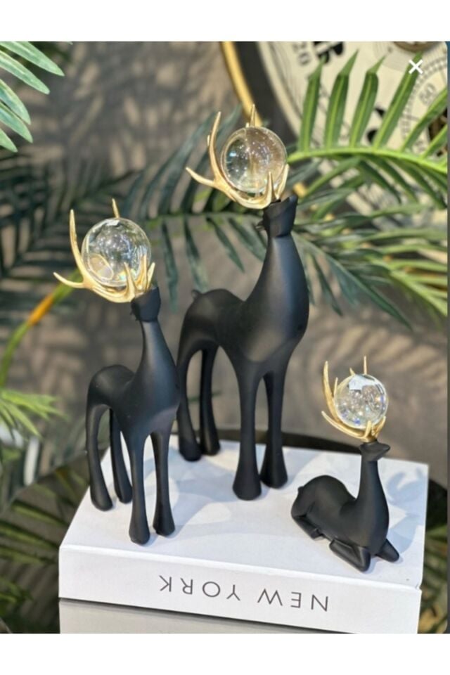 Dekoratif Beyaz Geyik Biblo 3’lü Set Gold Boynuzlu Kristal Toplu Ev Aksesuarı Siyah
