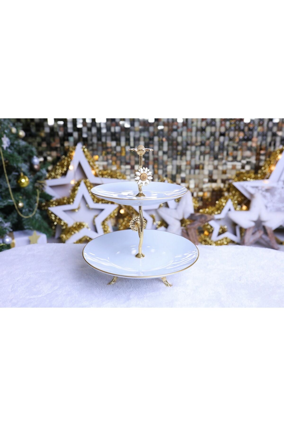 Metal Ayaklı Yaldızlı Katlı Porselen Sunumluk Kurabiyelik Şekerlik Papatya