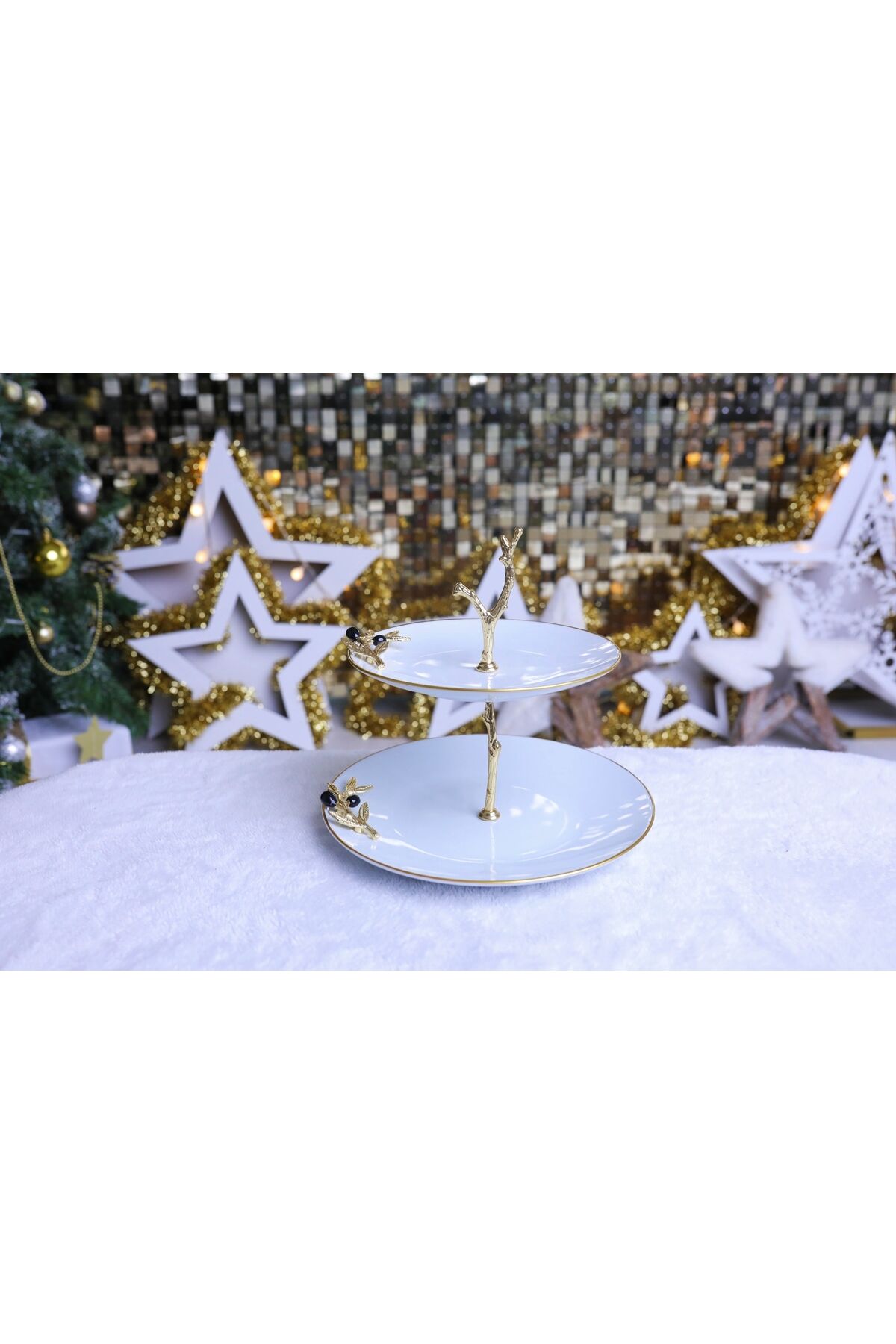 Metal Ayaklı Yaldızlı Katlı Porselen Sunumluk Kurabiyelik Şekerlik Zeytin