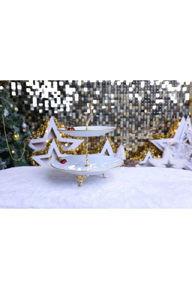 Metal Ayaklı Yaldızlı Katlı Porselen Sunumluk Kurabiyelik Şekerlik Kiraz