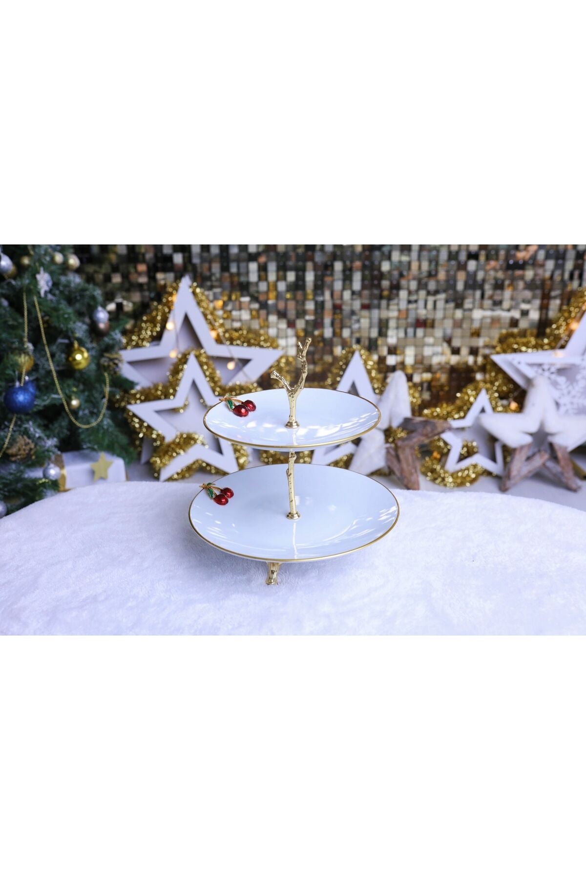 Metal Ayaklı Yaldızlı Katlı Porselen Sunumluk Kurabiyelik Şekerlik Kiraz