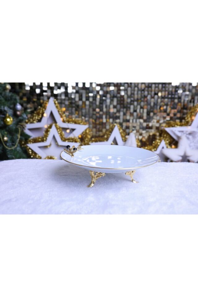 Metal Ayaklı Papatyalı Semazen Porselen Pasta Sunumluk Kurabiyelik Zeytin