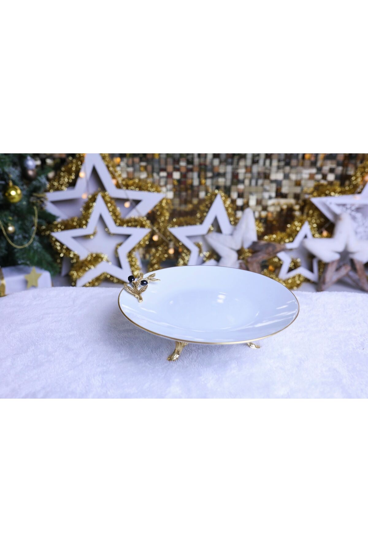 Metal Ayaklı Papatyalı Semazen Porselen Pasta Sunumluk Kurabiyelik Zeytin