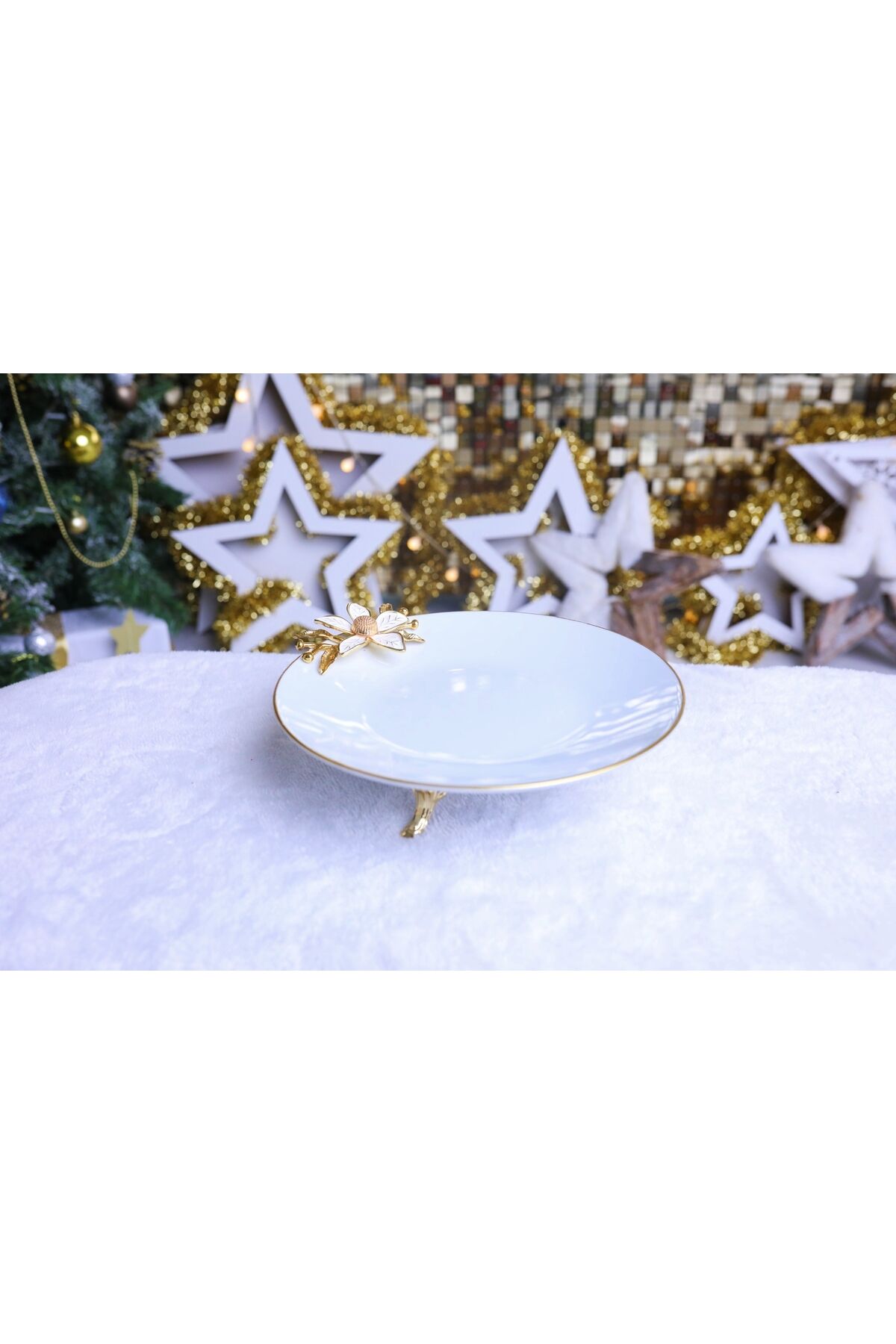 Metal Ayaklı Papatyalı Semazen Porselen Pasta Sunumluk Kurabiyelik Papatya