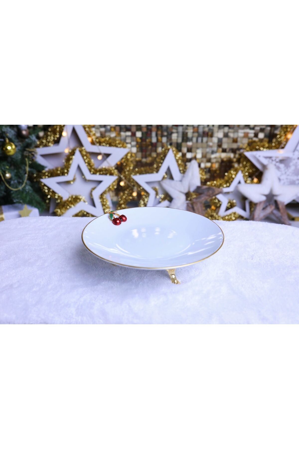 Metal Ayaklı Papatyalı Semazen Porselen Pasta Sunumluk Kurabiyelik Kiraz