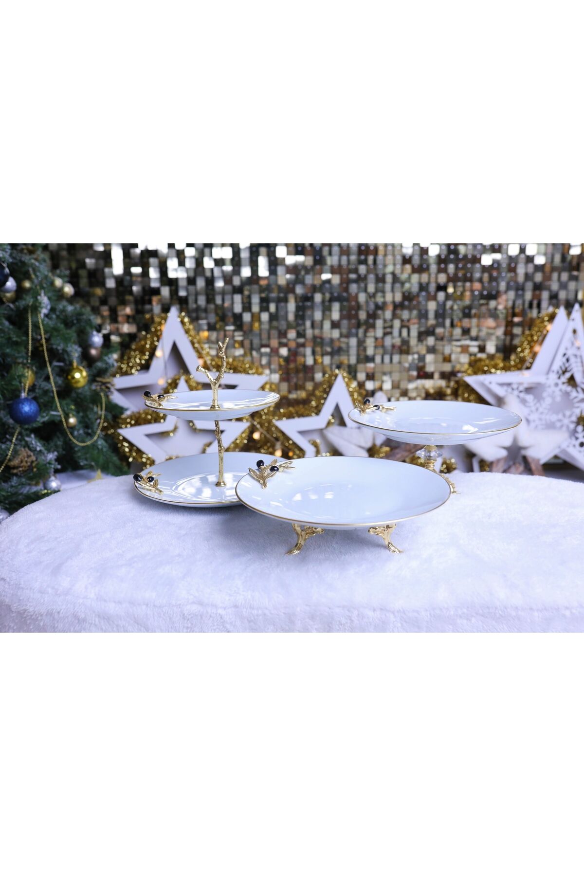 3 Parça Metal Ayaklı Porselen Pasta Sunumluk Kurabiyelik Şekerlik Set Zeytin