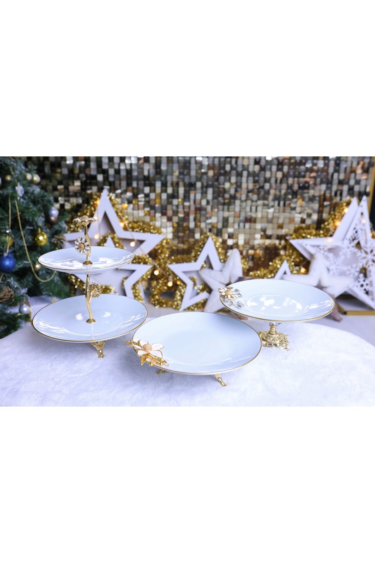 3 Parça Metal Ayaklı Porselen Pasta Sunumluk Kurabiyelik Şekerlik Set Papatya