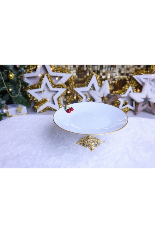 3 Parça Metal Ayaklı Porselen Pasta Sunumluk Kurabiyelik Şekerlik Set Kiraz