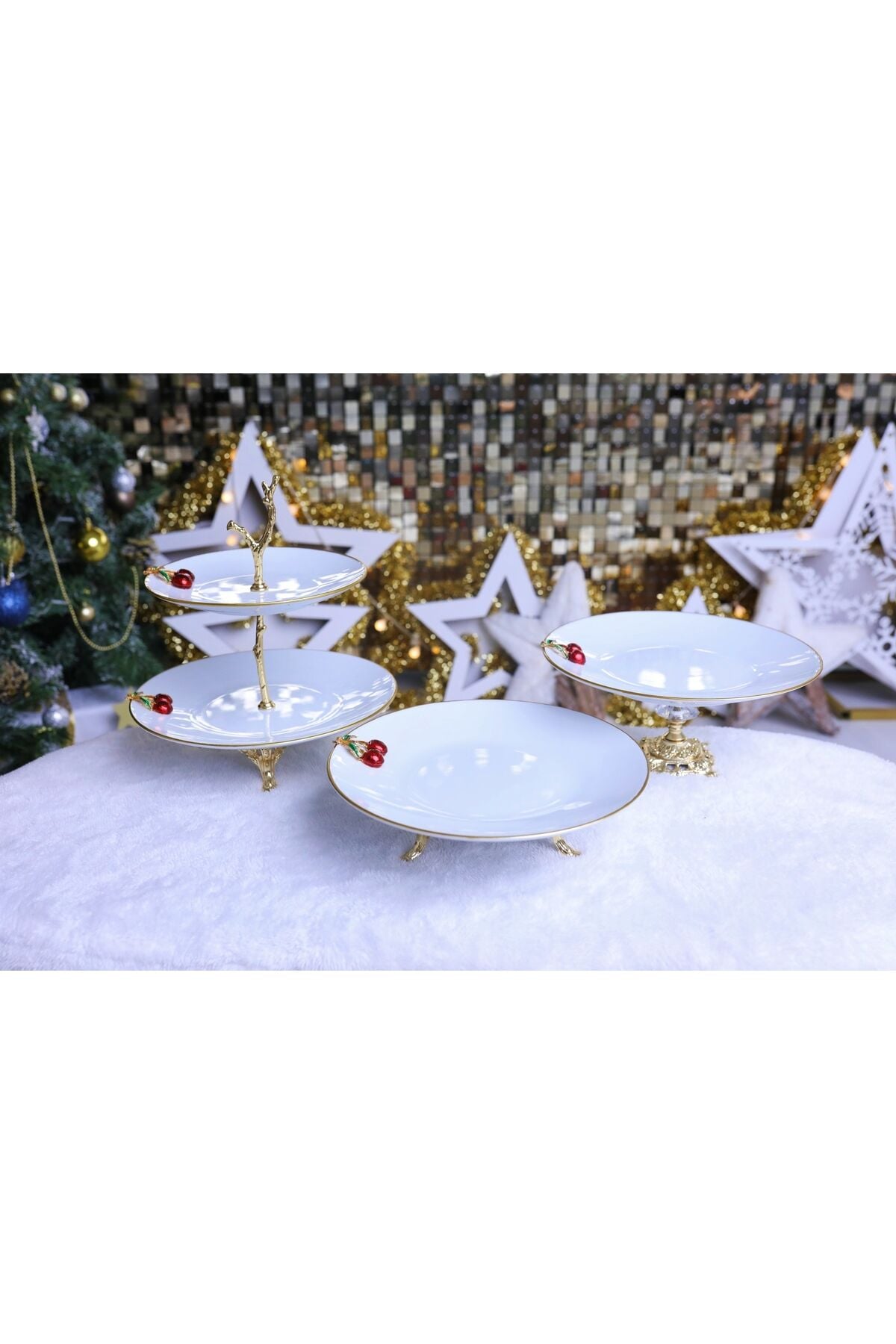 3 Parça Metal Ayaklı Porselen Pasta Sunumluk Kurabiyelik Şekerlik Set Kiraz