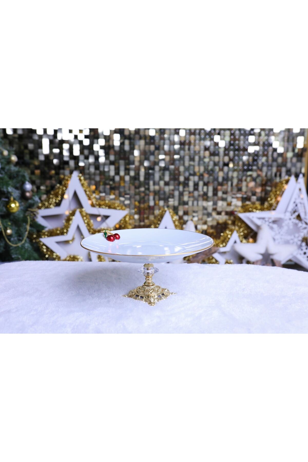 2 Adet Metal Ayaklı Kelebekli Porselen Sunumluk Kurabiyelik Servis Tabağı Kiraz