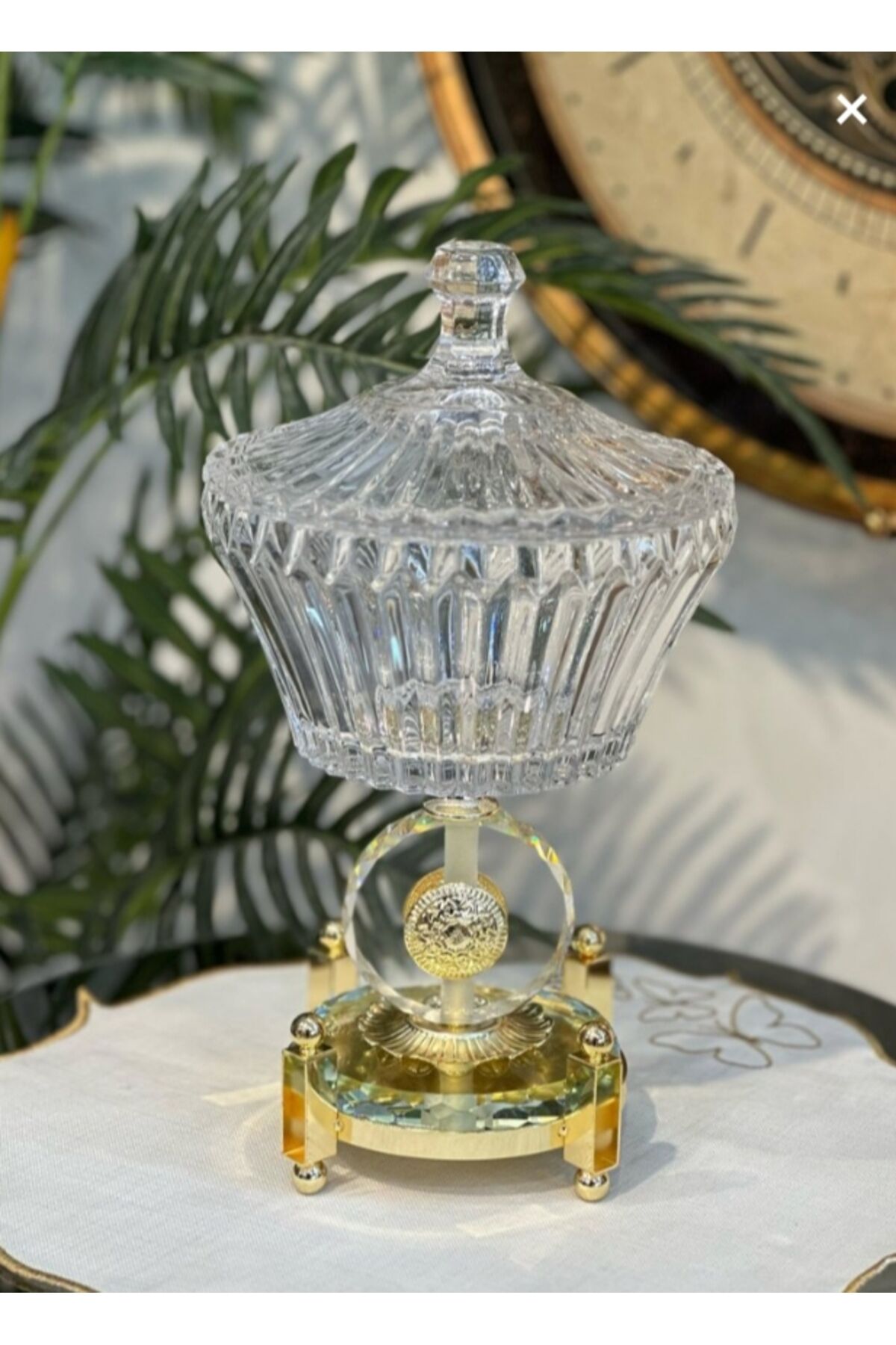 Ultra Lüks Kristal Kapaklı Salata Kasesi Şekerlik Gold Detaylı Büyük Kristal Kase Gold