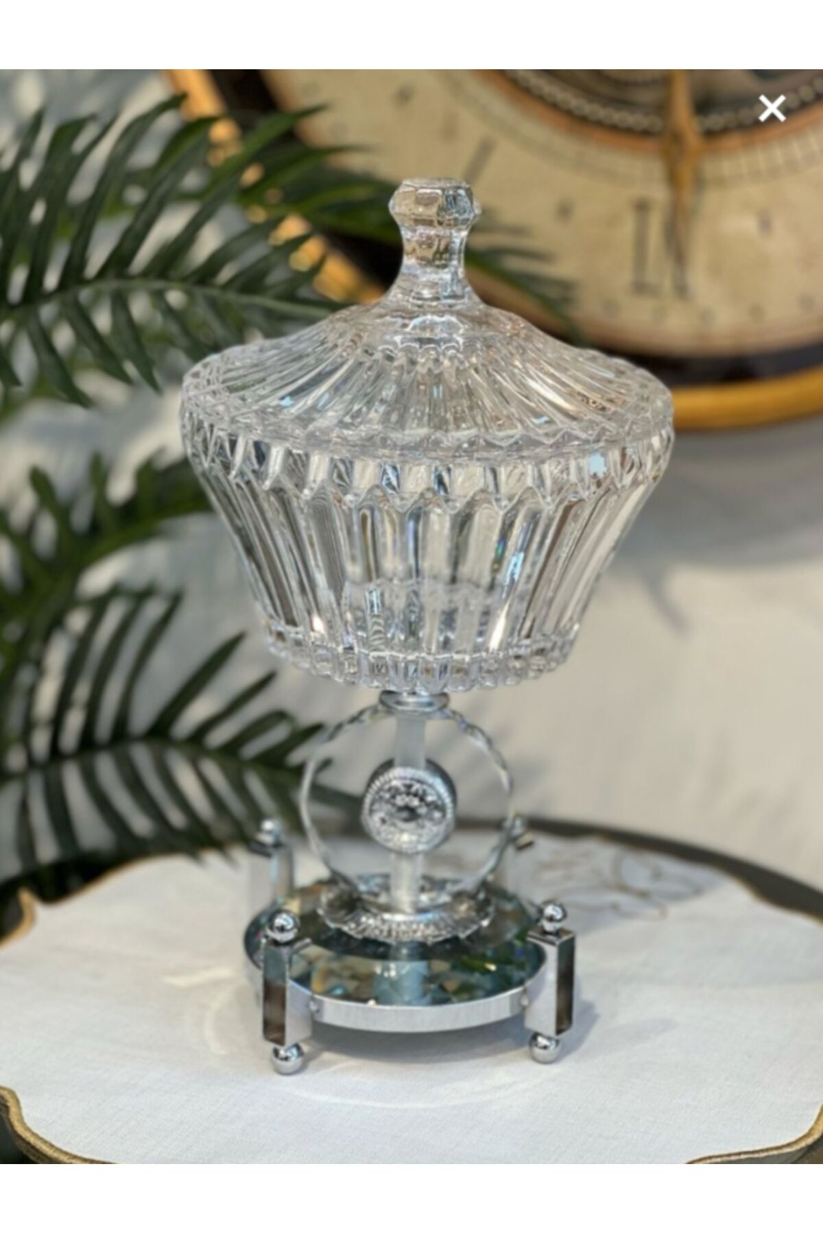 Ultra Lüks Kristal Kapaklı Salata Kasesi Şekerlik Gold Detaylı Büyük Kristal Kase Gümüş