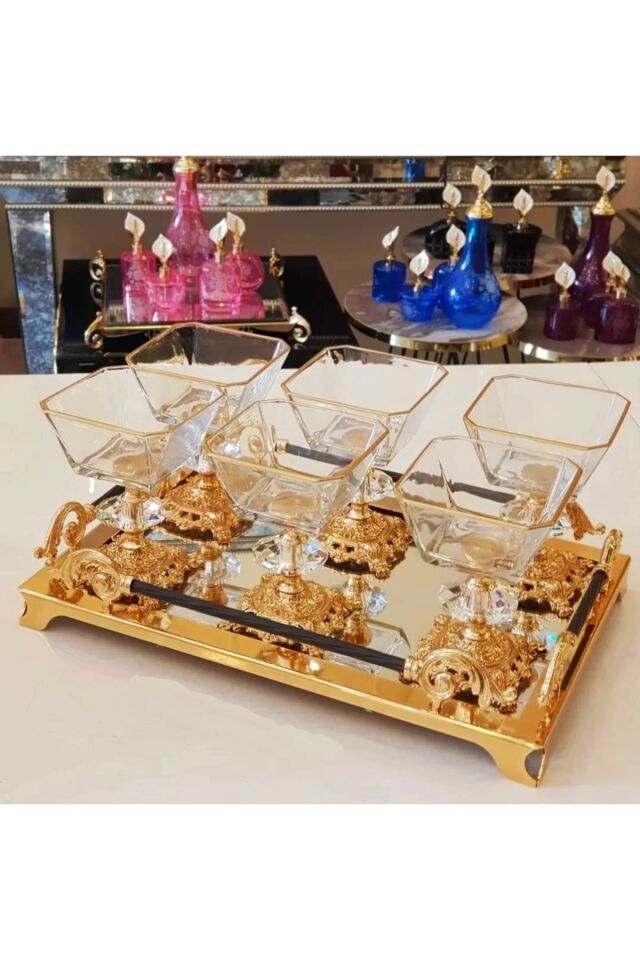 Karen 6 Parça Döküm Gümüş Ayaklı Sunumluk Seti Magnolia Dondurmalık Cup Çerezlik Yaldızlı