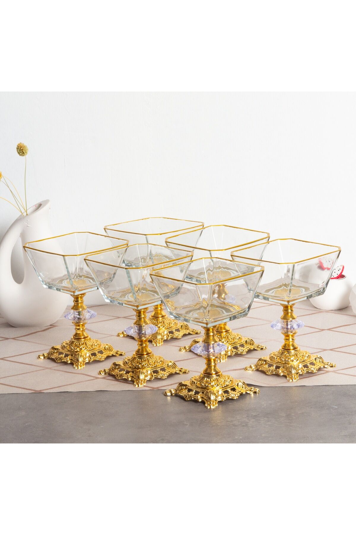 Karen 6 Parça Döküm Gümüş Ayaklı Sunumluk Seti Magnolia Dondurmalık Cup Çerezlik Yaldızlı