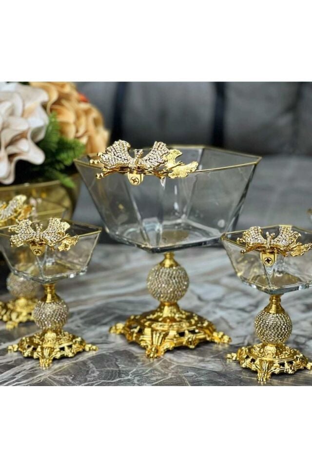 Karen 7 Parça Döküm Gümüş Ayaklı Sunumluk Seti Magnolia Dondurmalık Cup ve Salata Kase Seti Gold