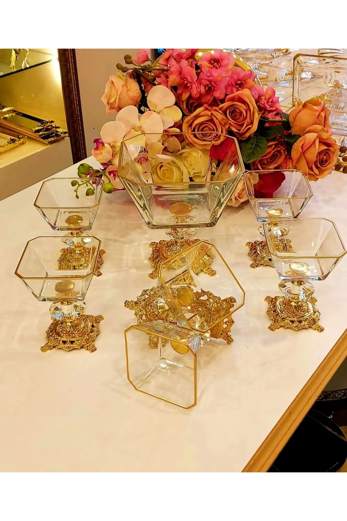 Karen 7 Parça Döküm Gümüş Ayaklı Sunumluk Seti Magnolia Dondurmalık Cup ve Salata Kase Seti Yaldızlı