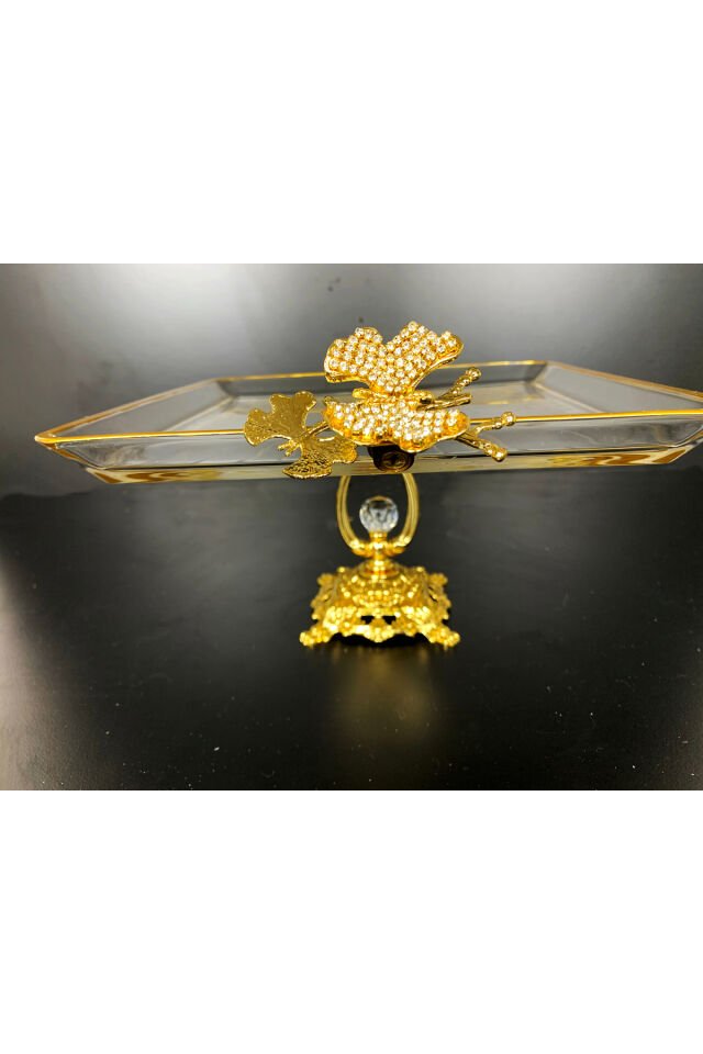 Paşabahçe Kristal Metal Ayaklı Yaldızlı Kare Pasta Sunumluk | Özel Desenli Servis Standı Kristal