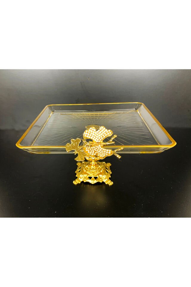 Paşabahçe Kristal Metal Ayaklı Yaldızlı Kare Pasta Sunumluk | Özel Desenli Servis Standı Kristal