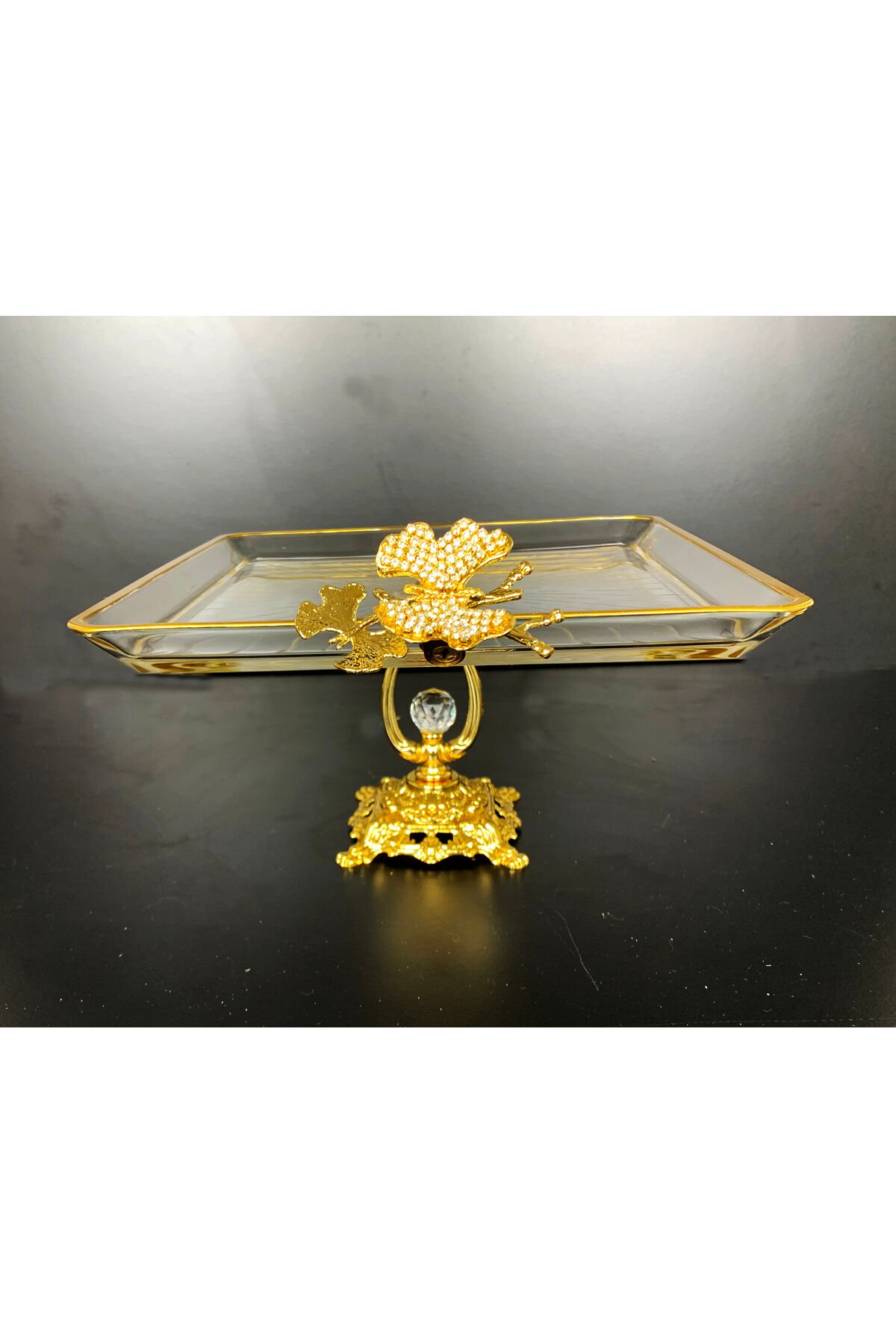 Paşabahçe Kristal Metal Ayaklı Yaldızlı Kare Pasta Sunumluk | Özel Desenli Servis Standı Kristal