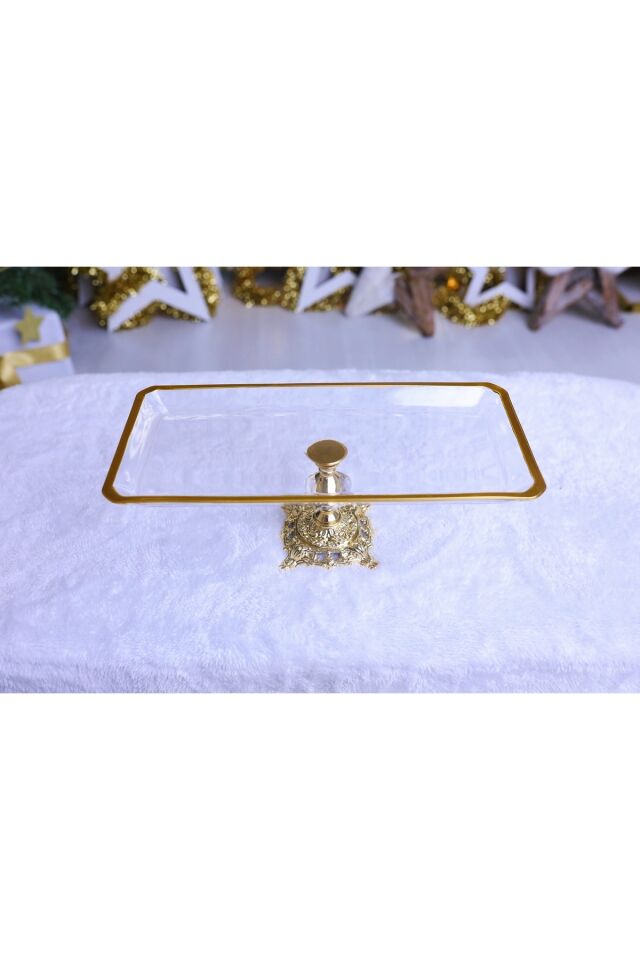 Paşabahçe Kristal Metal Ayaklı Yaldızlı Kare Pasta Sunumluk | Özel Desenli Servis Standı Yaldızlı